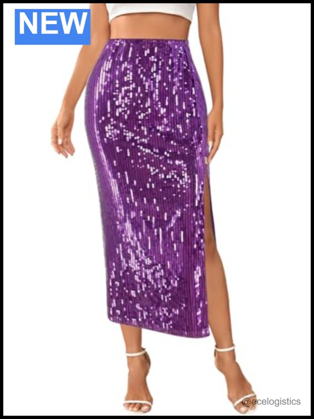 Sparkly Sequin Maxi Skirt High Waist Side Slit Bodycon Stretch Long Clubwear